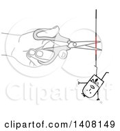 Clipart Of A Hand Using Scissors To Cut A Rope That A Stick Business Man Is Hanging From Royalty Free Vector Illustration by NL shop