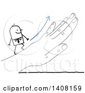Clipart Of A Stick Business Man Climbing Up A Hand Royalty Free Vector Illustration