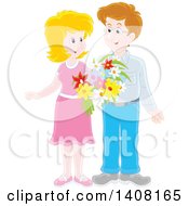 Poster, Art Print Of Happy White Couple Holding Flowers And Looking At Each Other