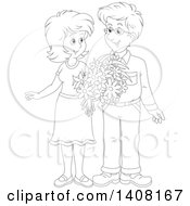 Poster, Art Print Of Black And White Lineart Happy Couple Holding Flowers And Looking At Each Other