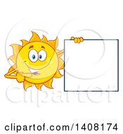 Clipart Of A Yellow Summer Time Sun Character Mascot Holding A Blank Sign Royalty Free Vector Illustration
