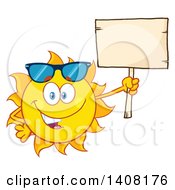 Clipart Of A Yellow Summer Time Sun Character Mascot Wearing Shades And Holding A Blank Sign Royalty Free Vector Illustration