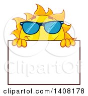 Clipart Of A Yellow Summer Time Sun Character Mascot Wearing Shades And Holding A Blank Sign Royalty Free Vector Illustration