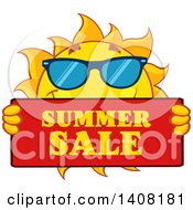 Poster, Art Print Of Yellow Sun Character Mascot Wearing Shades And Holding A Summer Sale Sign