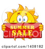 Poster, Art Print Of Yellow Sun Character Mascot Holding A Summer Sale Sign
