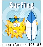 Clipart Of A Yellow Summer Time Sun Character Mascot Posing With A Surf Board With Text On Blue Royalty Free Vector Illustration