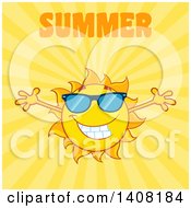 Poster, Art Print Of Yellow Summer Time Sun Character Mascot With Open Arms With Text On Yellow