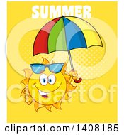 Poster, Art Print Of Yellow Summer Time Sun Character Mascot Holding An Umbrella With Text On Yellow