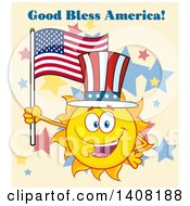 Poster, Art Print Of Yellow Summer Time Sun Character Mascot Holding An American Flag And Wearing A Top Hat With Text On Tan