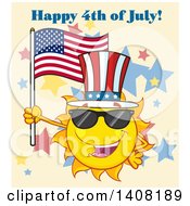Clipart Of A Yellow Summer Time Sun Character Mascot Holding An American Flag And Wearing Shades And A Top Hat With Text On Tan Royalty Free Vector Illustration