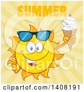 Poster, Art Print Of Yellow Summer Time Sun Character Mascot Holding An Ice Cream Cone With Text On Yellow