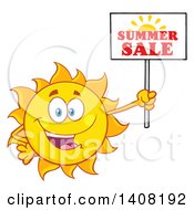 Clipart Of A Yellow Sun Character Mascot With A Summer Sale Sign Royalty Free Vector Illustration