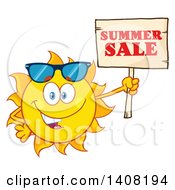 Clipart Of A Yellow Sun Character Mascot With A Summer Sale Sign Royalty Free Vector Illustration by Hit Toon