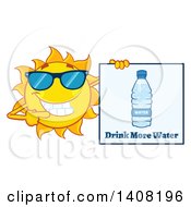 Poster, Art Print Of Yellow Summer Time Sun Character Mascot Holding A Drink More Water Sign