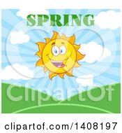 Poster, Art Print Of Yellow Sun Character Mascot With Spring Text Over Hills