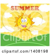 Clipart Of A Yellow Summer Time Sun Character Mascot With Text Over Hills Royalty Free Vector Illustration