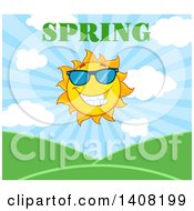 Clipart Of A Yellow Sun Character Mascot With Spring Text Over Hills Royalty Free Vector Illustration