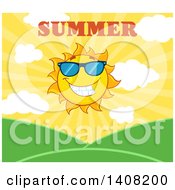 Poster, Art Print Of Yellow Summer Time Sun Character Mascot With Text Over Hills