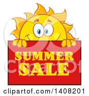 Clipart Of A Yellow Sun Character Mascot With A Summer Sale Sign Royalty Free Vector Illustration by Hit Toon