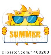Poster, Art Print Of Yellow Sun Character Mascot Wearing Shades And Holding A Summer Sign