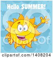Clipart Of A Yellow Sun Character Mascot Waving With Hello Summer Text Over Blue Royalty Free Vector Illustration