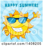 Poster, Art Print Of Yellow Sun Character Mascot Wearing Shades And Waving With Happy Summer Text On Blue