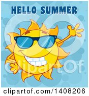 Poster, Art Print Of Yellow Sun Character Mascot Wearing Shades And Waving With Hello Summer Text On Blue