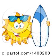 Poster, Art Print Of Yellow Summer Time Sun Character Mascot Posing With A Surf Board