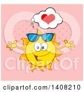 Poster, Art Print Of Yellow Summer Time Sun Character Mascot With Open Arms With A Heart On Pink