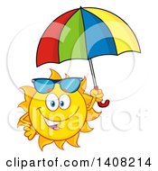 Clipart Of A Yellow Summer Time Sun Character Mascot Holding An Umbrella Royalty Free Vector Illustration