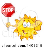 Poster, Art Print Of Yellow Summer Time Sun Character Mascot Holding A Stop Sign
