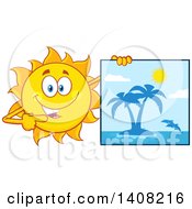 Clipart Of A Yellow Summer Time Sun Character Mascot Holding A Tropical Island Picture Royalty Free Vector Illustration