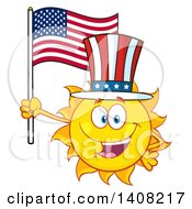 Poster, Art Print Of Yellow Summer Time Sun Character Mascot Holding An American Flag And Wearing A Top Hat