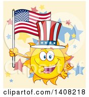 Clipart Of A Yellow Summer Time Sun Character Mascot Holding An American Flag And Wearing A Top Hat On Tan Royalty Free Vector Illustration