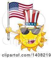 Clipart Of A Yellow Summer Time Sun Character Mascot Holding An American Flag And Wearing Shades And A Top Hat Royalty Free Vector Illustration by Hit Toon