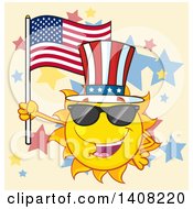 Poster, Art Print Of Yellow Summer Time Sun Character Mascot Holding An American Flag And Wearing Shades And A Top Hat On Tan