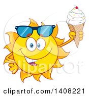 Poster, Art Print Of Yellow Summer Time Sun Character Mascot Holding An Ice Cream Cone