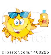 Poster, Art Print Of Yellow Summer Time Sun Character Mascot Holding A Bottle Of Lotion