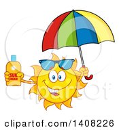 Yellow Summer Time Sun Character Mascot Holding A Bottle Of Lotion And A Parasol