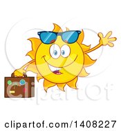 Poster, Art Print Of Yellow Summer Time Sun Character Mascot Waving And Carrying A Suitcase
