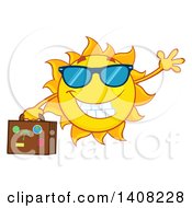 Clipart Of A Yellow Summer Time Sun Character Mascot Waving And Carrying A Suitcase Royalty Free Vector Illustration