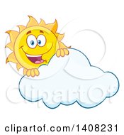 Poster, Art Print Of Yellow Summer Time Sun Character Mascot Smiling Over A Cloud
