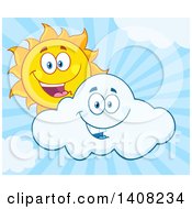 Poster, Art Print Of Yellow Summer Time Sun Character Mascot Looking Over A Cloud In A Blue Sky