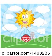 Clipart Of A Yellow Summer Time Sun Character Mascot Shining Over A Barn And Farm Land Royalty Free Vector Illustration