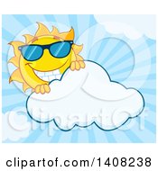 Clipart Of A Yellow Summer Time Sun Character Mascot Wearing Shades And Looking Over A Cloud Over Blue Rays Royalty Free Vector Illustration