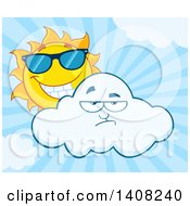 Poster, Art Print Of Yellow Summer Time Sun Character Mascot Wearing Shades And Looking Over A Cloud Over Blue Rays