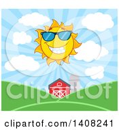 Poster, Art Print Of Yellow Summer Time Sun Character Mascot Shining Over A Barn And Farm Land