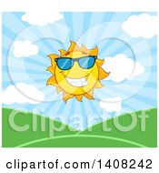 Poster, Art Print Of Yellow Summer Time Sun Character Mascot Over A Hilly Landscape