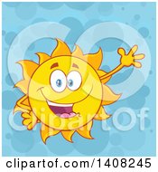 Poster, Art Print Of Yellow Summer Time Sun Character Mascot Waving Over Blue