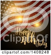 Poster, Art Print Of Background Of Gold Fireworks A Waving American Flag And Happy 4th July Text